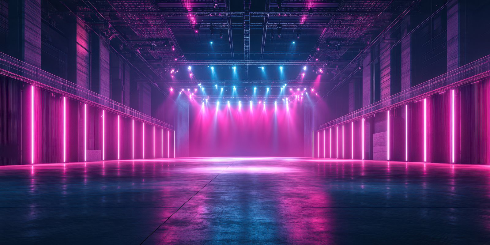 Vibrant event space illuminated with pink and blue lights ready for a performance in a large venue